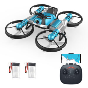 Mini-Drohne mit Kamera 2 in 1 Motorrad Flugzeug Deformation rc Drohne für Anfänger Land Air rc Spielzeug One Key Take Off Landing 2 Battery Blue