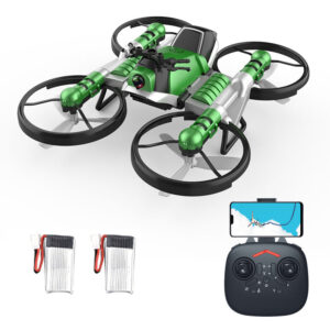 Mini-Drohne mit Kamera 2 in 1 Motorrad Flugzeug Deformation rc Drohne für Anfänger Land Air rc Spielzeug One Key Take Off Landing 2 Battery Green