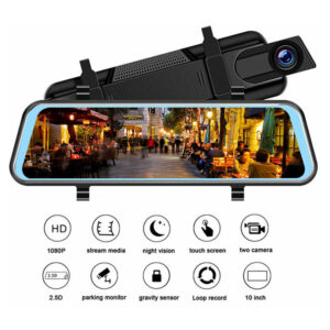 Monly - Rückspiegel und Rückfahrkamera 10' Dashcam mit gps, Nachtsicht, G-Sensor, Loop-Aufnahme, Parkassistent, Parkmodus [1080P, 170° vorwärts;