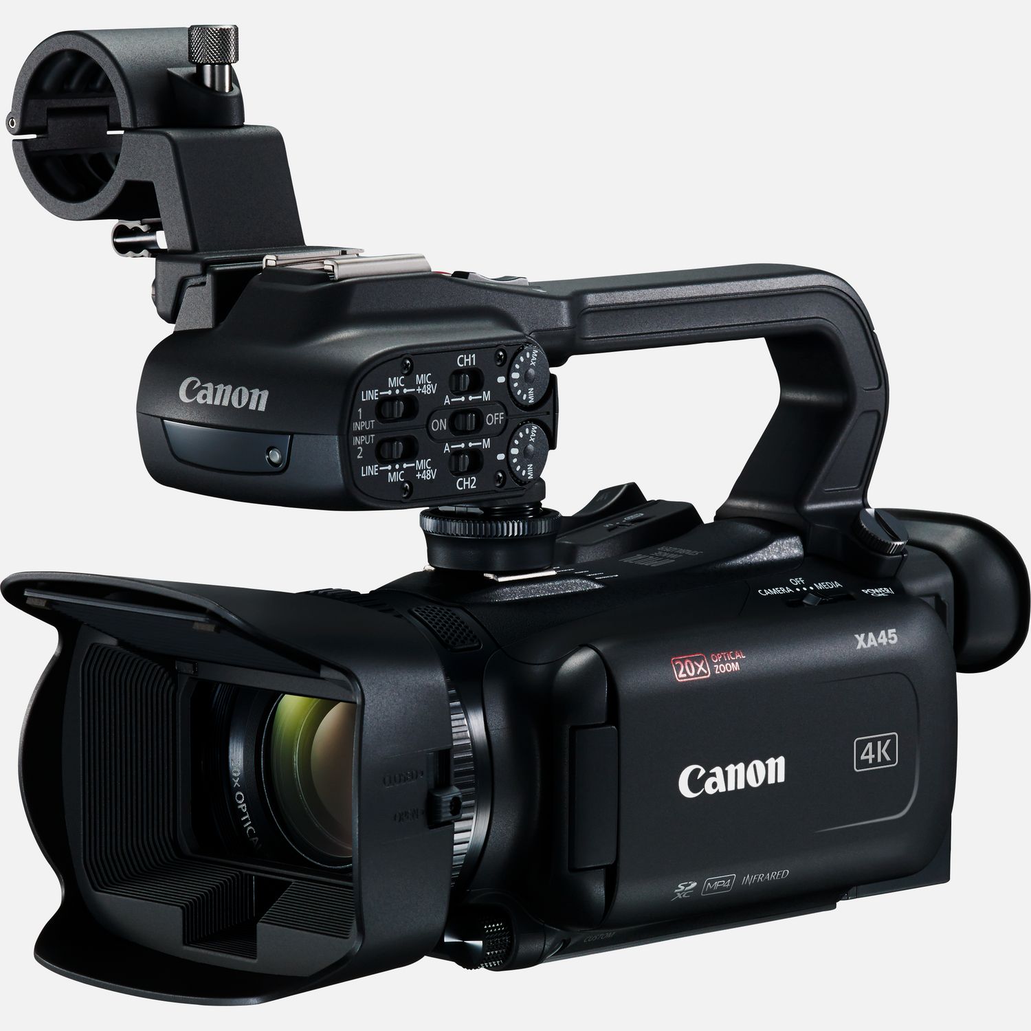 Die Canon XA45 ist eine professionelle 4K UHD-Videokamera mit einer ausgewogenen Balance aus Bildqualitt, professionellen Funktionen und kompakter Gre. Die nur 1,2 kg schwere XA45 verfgt ber ein leistungsstarkes Objektiv mit 20fach optischem Zoom, einen 1/2,3-Zoll-Typ 4K-CMOS-Sensor und einen DIGIC DV6 Bildprozessor, der fr scharfe, farbintensive und einzigartige Bilder sorgt. Dank der leistungsstarken 5-Achsen-Bildstabilisierung liefert der Camcorder ruhige Bilder und mit dem Weitwinkelbereich ab 29,3mm bekommst du mehr auf das Bild. Zu den professionellen Funktionen gehren ein Infrarot-Modus fr Aufnahmen bei sehr wenig oder gar keinem Licht, lineares PCM 4-Kanal-Audio mit integriertem Stereomikrofon, zwei XLR-Anschlsse fr externe Mikrofone, 3G-SDI und zwei SD-Speicherkartenslots fr die simultane oder fortlaufende Aufnahme. Vorteile Ultrakompakter professioneller 4K UHD-Camcorder fr kleine Produktionen und aktuelle Nachrichten Halte die wichtigen Momente in 4K mit 20fach optischem Zoom und einer Weitwinkelbrennweite ab 29,3mm fest Fr ruhige Aufnahmen sorgt der leistungsstarke 5-Achsen-Bildstabilisator, whrend eine 3D-Linsengruppe praktisch in Echtzeit die Weitwinkelzoom-Funktion untersttzt. Zeitlupen- und Zeitraffer-Aufnahmemodi sind sowohl in UHD als auch in FullHD verfgbar, wobei die maximale Geschwindigkeit 1.200-fach betrgt Mit nur ca. 1,2 kg ist der Camcorder leicht und kompakt, und das 3,0 Zoll Touchscreen-LCD ermglicht eine intuitive Steuerung Der Infrarot-Modus ermglicht hochwertige Videoaufnahmen bei extrem wenig bis gar keinem Umgebungslicht Zu den professionellen Funktionen gehren lineares PCM 4-Kanal-Audio mit integriertem Stereomikrofon, zwei XLR-Anschlsse, 3G-SDI und zwei SD-Speicherkartenslots fr die gleichzeitige oder fortlaufende Aufnahme Lieferumfang Canon XA45 Camcorder Objektivabdeckung Tragegriff HDU-1 Kompakt-Netzteil CA-570 Netzkabel BP-820 Akku Streulichtblende mit integriertem Objektivschutz Mikrofonhalterung (mit Schrauben) Ferritkern Kurzanleitung Technische Daten MP4 bis zu 150 Mbps, XF-AVC bis zu 160 Mbps 4K-Weitwinkel-Zoomobjektiv Verwendet den 4K UHD-Sensor, um erstklassige Full HD-Bilder zu generieren Optimierter optischer Bildstabilisator mit Dynamic IS Hochwertige Videoaufnahmen bei extrem wenig bis gar keinem Umgebungslicht Intuitive Kamera- und Autofokussteuerung 2 XLR-Schnittstellen plus internes Stereomikrofon Gleichzeitige oder fortlaufende Aufzeichnung auf SD-Karte Alle technischen Daten zeigen