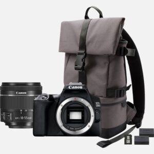 Diese mobile DSLR ist ideal fr alle, die vom Smartphone oder einer Kompaktkamera kommend, ihre Fotografie auf ein neues Niveau bringen mchten. Die EOS 250D ist einfach bedienbar und macht richtig Spa. Zudem ist sie die leichteste DSLR der Welt mit einem dreh- und schwenkbaren Display. In diesem Kit befindet sich ein LP-E17 Ersatzakku, damit du lnger fotografieren kannst, bevor nachgeladen werden muss, das EF-S 18-55mm f/4-5.6 IS STM Zoomobjektiv, das du vielseitig verwenden kannst, eine 16 GB-Karte zum Speichern deiner Aufnahmen und der praktische BP-13 Rucksack zum komfortablen Transport deiner Ausrstung und persnlicher Dinge. Fr hochwertige Aufnahmen voller Details bietet die EOS 250D 4K-Videos, einen 24,1-Megapixel-Sensor und Dual Pixel CMOS AF. Dank WLAN und Bluetooth kannst du die Kamera einfach mit einem Mobilgert verbinden und Aufnahmen unterwegs teilen. 1) 24,1 Megapixel APS-C-Sensor und DIGIC 8 Prozessor 2) Optischer Sucher 3) 4K-Videos 4) Dual Pixel CMOS AF 5) Dreh- und schwenkbares Display 6) Das Men gibt praktische Tipps und Hinweise und hilft so, sich weiter zu entwickeln Die kompakte DSLR Die EOS 250D ist die weltweit leichteste DSLR-Kamera mit dreh- und schwenkbarem Display. Darum kannst du sie praktisch berall mit hin nehmen und bist bereit fr erstklassige Ergebnisse, wenn du deine Kreativitt ausleben mchtest. Atemberaubende, hochauflsende Bilder und 4K-Videos Nimm 24,1-Megapixel-Fotos und 4K-Videos auf, die gestochen scharf und farbenfroh sind. Ein Sensor im APS-C-Format und ein DIGIC 8 Prozessor sorgen selbst bei wenig Licht fr hervorragende Ergebnisse. Mit deinem Leben verbunden Du kannst deine Aufnahmen kinderleicht mit Freunden und Familie teilen verbinde die EOS 250D ganz einfach ber Bluetooth mit deinem Smartphone oder Tablet, den Rest bernimmt das integrierte WLAN der Kamera. Przise Fokussierung, scharfe Bilder Ganz egal, ob du Aufnahmen mit 5 B/s mit dem optischen Sucher machst oder Dual Pixel CMOS AF Live View mit AF-Augenerkennung verwendest du erhltst gestochen scharfe Ergebnisse. Vollautomatik oder umfangreiche manuelle Steuerung? Du hast die Wahl: Einfach nur das Motiv anvisieren und auslsen oder du verwendest die gefhrte Benutzeroberflche und den Kreativ-Assistenten und kannst deiner Kreativitt freien Lauf lassen. Mit dem dreh- und schwenkbaren Touchscreen ist auch das Fotografieren aus ungewhnlichen Blickwinkeln oder ein Selfie ein Kinderspiel. Ebenfalls im Lieferumfang Im Kit befindet sich das vielseitige EF-S 18-55mm f/4-5.6 IS STM, ein ideales Alltagsobjektiv fr Portrtaufnahmen und auf Reisen, eine 16 GB Speicherkarte, ein robuster Rucksack sowie ein Ersatzakku, damit du noch lnger aufnehmen kannst. Lieferumfang EOS 250D Gehuse, Schwarz Augenmuschel Ef Kamera-Gehusedeckel R-F-3 Umhngegurt EW-400D-N EF-S 18-55mm f/4-5.6 IS STM Objektivdeckel E-58 II Objektivdeckel E BP-13 Rucksack 16-GB-SD-Speicherkarte Akku LP-E17 (mit Schutzabdeckung) x 2 Akkuladegert LC-E17E Netzkabel User Manual Kit Technische Daten 24,1Megapixel CMOS-Sensor im APS-C-Format Erstklassige Bilder voller Details DIGIC 8 Erstklassige Leistung auch bei wenig Licht 4K Movies Videos in auergewhnlicher Qualitt aufnehmen Dual Pixel CMOS AF Schnelle und zuverlssige Fokussierung im Live View Modus WLAN und Bluetooth Kabellose Verbindungsoptionen Optischer Sucher Fr eine natrliche Motivansicht Alle technischen Daten zeigen