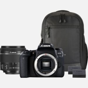 Dieses DSLR-Kit fr Abenteurer ist ideal fr deine Reisen rund um die Welt. Es beinhaltet einen Ersatzakku und einen stilvollen Rucksack, in dem du deine Kamera und zustzliche Ausrstung sicher und geschtzt aufbewahrst, whrend du unterwegs bist. Die preisgekrnte EOS 77D ist ein kreatives Kraftpaket mit intuitiver Steuerung und einem leistungsstarken DIGIC 7 Prozessor sowie einem APS-C-Sensor der nchsten Generation, der Fotos mit erstaunlichen Details liefert. Selbst in besonders hellen und dunklen Bildbereichen liefert das weltweit schnellste Live View-Autofokus-System gestochen scharfe Ergebnisse. Das im Set enthaltene vielseitige Objektiv EF-S 18-55mm f/4-5.6 IS STM ist sehr kurz und leicht und wurde mit dem Schwerpunkt auf Mobilitt entwickelt. Mit dem Ersatzakku sind lngere Aufnahmezeiten mglich. Vorteile Mit dem beeindruckend vielseitigen EF 18-55mm IS STM Objektiv hltst du die besten Momente in exzellenter Klarheit fest und beim Aufnehmen von Full HD Videos ist der leise und leistungsstarke Fokus-Motor ideal Der hervorragende 45-Punkt-AF sorgt fr detailreiche 24,2-Megapixel-Aufnahmen auch als Reihenaufnahmen mit bis zu 6 Bildern pro Sekunde Mit dem Wahlrad und den Kreuztasten auf der Kamerarckseite kannst du Einstellungen wie Blende oder Belichtungszeit ganz einfach anpassen, whrend die Einstellungen auf einem LC-Display oben auf der Kamera auf einen Blick angezeigt werden Der Dual Pixel CMOS AF ist ein leistungsstarkes AF-System zur kontinuierlichen Fokusnachfhrung bei Videoaufnahmen. Zudem bietet die Kamera interne Spezialfunktionen wie Zeitraffer Movie, HDR und verschiedene Kreativfilter. Die konstante Bluetooth-Kopplung ermglicht die unkomplizierte WLAN-Verbindung zu deinem Smartphone oder Tablet, whrend Dynamic NFC die WLAN-Verbindung zu einem kompatiblen Android-Gert mit einer einzigen Berhrung ermglicht Die EOS 77D kann per WLAN mit einem Mobilgert ferngesteuert werden, und Bilder knnen von der Kamera auf das Mobilgert bertragen und von dort aus z.B. auf soziale Medien hochgeladen werden Du brauchst dir unterwegs keine Sorgen um die Stromversorgung zu machen, denn ein einziger leistungsstarker Akku LP-E17 ermglicht stundenlanges Fotografieren und Filmen, ohne dass du zwischendurch aufladen musst Im Canon Rucksack BP110 aus schickem schwarzen Polyestermaterial ist deine Kamera immer sicher verstaut Kompatibel mit der kostenlosen Canon Photo Companion App. Beginne mit personalisierten Inhalten, Challenges und Inspirationen, die dich auf deiner Fotoreise begleiten. Der ideale Partner fr den Erzhler visueller Geschichten Lieferumfang EOS 77D Gehuse Schwarz EF-S 18-55mm f/4-5.6 IS STM Objektiv BP110 Rucksack, Schwarz Augenmuschel Ef Kamera-Gehusedeckel R-F-3 Akkuladegert LC-E17E Akku LP-E17 (mit Schutzabdeckung) x 2 Breiter Trageriemen EW-400D Netzkabel Objektivdeckel E-58 II Objektivdeckel E Anleitungen Technische Daten 24,2 Megapixel Brillante und detailreiche Aufnahmen DIGIC 7 Prozessor Schnell und leistungsfhig 45 AF-Felder Schnelle zu przise Fokussierung DualPixelCMOSAF Schnell genug fr Fotos und ruhig genug fr Videos Full HD-Video Groartige Videos fr das Netz und Zuhause 5-achsige Bildstabilisierung Zur Kompensation von Kamerawacklern WLAN mit NFC Simple Kamera-Fernsteuerung Bluetooth Permanente kabellose Kopplung Alle technischen Daten zeigen