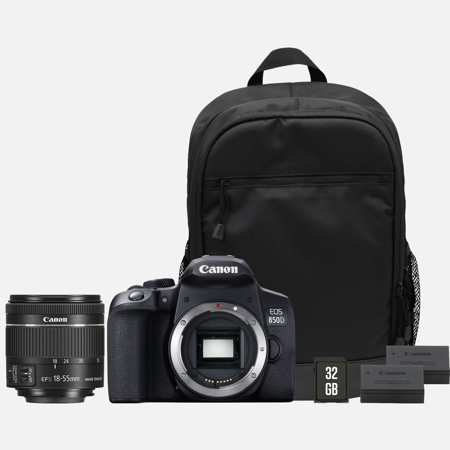 Dieses Kit enthlt das vielseitige EF-S 18-55mm f/4-5,6 IS STM Objektiv, einen Ersatzakku LP-E17, einen praktischen Rucksack zum Transportieren deiner Ausrstung und eine 32 GB SD-Speicherkarte. Herausragend scharfe Bilder aus einem kompakten Gehuse Fr detailreiche 24,1 MP-Fotos und 4K-Videos in lebendigen Farben selbst bei wenig Licht sorgt der APS-C-Sensor Mhelos anpassen und bearbeiten Durch den optischen Sucher siehst du das Motiv durch das Objektiv deiner Kamera. Dabei kannst du Belichtungszeit und Blende unabhngig voneinander mit dem Wahlrad oben und auf der Rckseite der Kamera anpassen ber Mobilgerte steuerbar Koppelst du die Kamera per Bluetooth* mit einem Mobilgert, kannst du sie ber WLAN damit fernbedienen und die Aufnahmen ganz einfach bertragen alles mit der Canon Camera Connect App Umgehend erstklassige Bilder verarbeiten Wenn du den Auslser gedrckt hast, sorgt der DIGIC 8 Prozessor fr die bestmgliche Bildqualitt Schnelle Bewegungen problemlos einfangen Ob Action oder sich schnell bewegende Motive mit bis zu 7 B/s bei vollem AF/AE hltst du alles zuverlssig fest Sei jeder Herausforderung gewachsen Das EF-S 18-55mm f/4-5.6 IS STM ist ein leichtes Alltagsobjektiv fr Landschafts-, Reise und Portrtaufnahmen. Dafr bietet es eine gleichmige und leise Fokussierung und einen optischen 4-Stufen-Bildstabilisator, der Verwacklungsunschrfen reduziert. Automatisch Gesichter verfolgen und smarte Aufnahmen machen Mit Funktionen wie iTR AF (Intelligent Tracking) und Gesichtserkennung erhltst du ganz einfach perfekt fokussierte Bilder Mit einem dreh- und schwenkbaren Touchscreen neue Perspektiven ausprobieren Das dreh- und schwenkbare Touchscreen-LCD erffnet dir ganz neue kreative Blickwinkel Entdecke die Flexibilitt des EOS Systems Erkunde die Welt des unglaublichen EOS Systems: Du kannst jedes beliebige EF, EF-S Objektiv oder ein Speedlite Blitzgert zur kreativen Ausleuchtung einer Szene verwenden. Oder du schliet am 3,5 mm Audio-Klinkenanschluss ein externes Mikrofon an. Teure Ausrstung mhelos handhaben Im gerumigen BP110 Rucksack trgst du deine Ausrstung sicher mit dir Keine Sorgen um Akku oder Aufbewahrung mehr Der Ersatzakku ermglicht dir noch lngere Aufnahmezeiten und mit der 32-GB-SD-Karte kannst du deine Aufnahmen sicher speichern Lieferumfang Canon EOS 850D Gehuse Augenmuschel EF-2 Kamera-Gehusedeckel R-F-3 Breiter Trageriemen EW-400D-N Akkuladegert LC-E17E Akku LP-E17 x 2 EF-S 18-55mm f/4-5.6 IS STM Objektiv Objektivdeckel E-58 II Objektivdeckel E Netzkabel BP110 Rucksack 32-GB-SD-Speicherkarte Anleitungen Technische Daten 24,1 MP APS-C-Sensor Fr unglaublichen Detailreichtum, klare Bilder und erstklassige Low-Light-Eigenschaften DIGIC 8 Prozessor Fr eine schnelle und starke Leistung 45-Punkt-AF-System (alles Kreuzsensoren) Zum schnellen und sicherer Fokussieren Dual Pixel CMOS AF Przise Fokussierung fr eine optimale Bildqualitt 4K-Video Groartige Videos fr das Netz und Zuhause WLAN Verbinden, teilen und die Kamera fernbedienen Bluetooth Permanente Kopplung mit geringem Stromverbrauch Alle technischen Daten zeigen