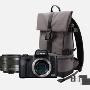 Mit diesem praktischen Kamera-Bundle erzhlst du deine Geschichten in beeindruckender DSLR-Qualitt voller Farben und Details. Die leichte und bestens verbundene 4K EOS M50 ist eine moderne spiegellose Systemkamera voller innovativer Technologien, einschlielich kinoreifen 4K-Videos. Das EF-M 15-45mm f/3.5-6.3 IS STM Objektiv ermglicht zusammen mit dem groen, mittig platzierten Sucher und dem 7,5 cm groen Touchscreen, der sich sowohl drehen als auch schwenken lsst, Aufnahmen aus praktisch jedem Blickwinkel. Mit dem Ersatzakku LP-E12 kannst du noch lnger fotografieren, und die 32 GB SD-Karte hlt deine Erinnerungen zuverlssig fest. Im Canon Rucksack ist die Ausrstung bestens verstaut. Vorteile Die moderne und gleichzeitig klassische Kamera ist perfekt ausgewogen und ideal fr die Ein-Hand-Bedienung. Sie bietet intuitive Automatik-Funktionen sowie die vollstndig manuelle Steuerung Zeichne hochauflsende 4K-Videos mit 5-achsiger Bildstabilisierung im einzigartigen Kino-Look auf, die viermal so viele Details haben wie eine Full-HD-Aufnahme Mit dem kompakten und leichten EF-M 15-45mm f/3.5-6.3 IS STM Objektiv kannst du jede Menge alltgliche Szenen von der weiten Landschaft bis zum Portrt mit attraktiver Hintergrundunschrfe aufnehmen Mit einem 24,1 Megapixel CMOS-Sensor im DSLR-Format, kamerainternen Technologien zur Bildoptimierung und dem DIGIC 8 Prozessor, bietet sie erstklassige Low-Light-Eigenschaften und die gezielte Steuerung der Schrfentiefe Der Dual Pixel CMOS AF, der einen blitzschnellen und przisen Autofokus ermglicht und Reihenaufnahmen mit bis zu 10 Bildern pro Sekunde, kannst du auf jede Situation intuitiv reagieren Der groe, mittig platzierte elektronische Sucher bietet ein intuitives Aufnahmeerlebnis. Mit dem Touch & Drag AF kannst du den Fokus verlagern, und der dreh- und schwenkbare, 7,5 cm groe Touchscreen ermglicht Aufnahmen aus praktisch jedem Blickwinkel Die Verbindung von Kamera und Mobilgert oder PC ist dank WLAN und Bluetooth schnell hergestellt und schon kannst du mit der automatischen Synchronisation bzw. bertragung von Aufnahmen die Bilder auf sozialen Medien teilen oder ein Cloud-Backup durchfhren In diesem robusten und schicken Rucksack ist deine Ausrstung gut zugnglich und sicher aufgehoben Mit der 32 GB SD-Karte kannst du deine Fotos und Videos speichern, und der Ersatzakku ermglicht deutlich lngere Aufnahmezeiten Lieferumfang EOS M50 Gehuse Schwarz Kamera-Gehusedeckel R-F-4 Tragegurt EM-300DB EF-M 15-45mm f/3.5-6.3 IS STM Objektiv Schwarz Objektivdeckel E-55 Rucksack BP-13, Grau 32 GB SD-Karte Akkuladegert LC-E12 Akku LP-E12 x 2 Netzkabel Benutzerhandbuch Technische Daten 24,1 Megapixel CMOS DIGIC8 Dual Pixel CMOS AF 10 B/s 4K-Videos Elektronischer Sucher 7,5 cm Touchscreen mit 1.000.000 Bildpunkten Touch & Drag AF WLAN mit NFC Bluetooth Alle technischen Daten zeigen Preise und Auszeichnungen .