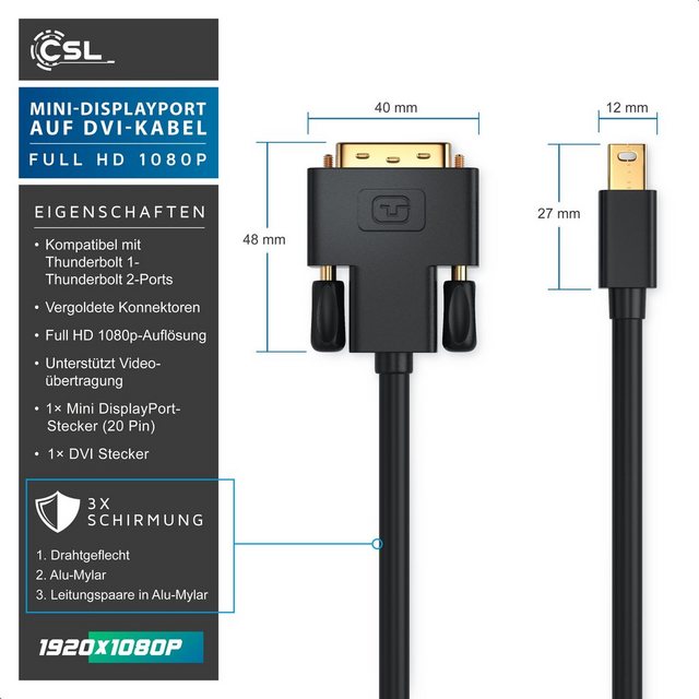 CSL Video-Kabel, Mini DisplayPort, DVI (200 cm), miniDP Monitor Adapter Kabel, für Apple, PC's & Notebooks - 2m