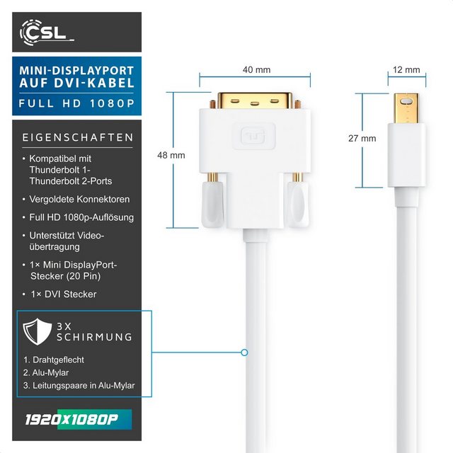 CSL Video-Kabel, Mini DisplayPort, DVI (500 cm), miniDP Monitor Adapter Kabel, für Apple, PC's & Notebooks - 5m