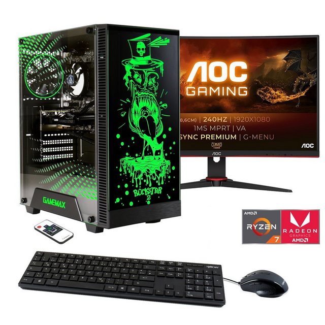 Hyrican Rockstar SET02372 Gaming-PC-Komplettsystem (27", AMD Ryzen 7 5700G, Radeon Graphics, 16 GB RAM, 2000 GB SSD, inklusive 27" Curved Monitor AOC C27G2ZE/BK)