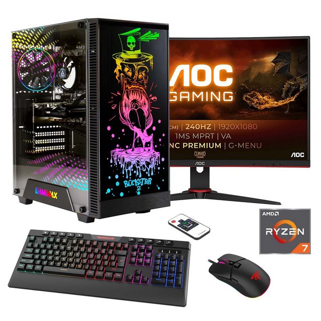 Hyrican Rockstar SET02437 Gaming-PC-Komplettsystem (27", AMD Ryzen 7 7700X, RTX 4060Ti (16GB), 16 GB RAM, 1000 GB SSD, DDR5, Windows 11, inklusive 27" Curved Monitor AOC C27G2ZE/BK)