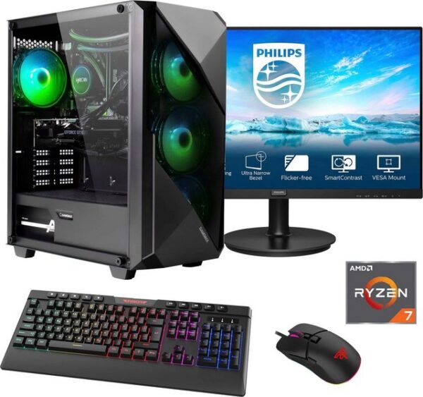 Hyrican Striker SET02400 Gaming-PC-Komplettsystem (27", AMD Ryzen 7 7700X, RTX 4060Ti (16GB), 16 GB RAM, 1000 GB SSD, DDR5, Windows 11, inklusive 27" Monitor Philips 271V8LA)