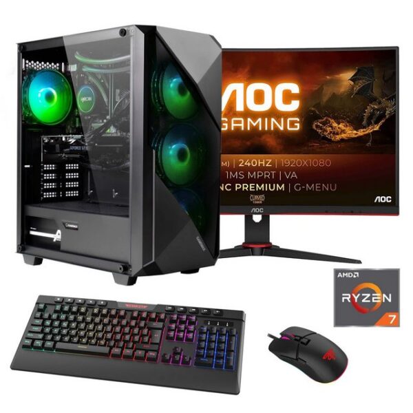 Hyrican Striker SET02401 Gaming-PC-Komplettsystem (27", AMD Ryzen 7 7700X, RTX 4060Ti (16GB), 16 GB RAM, 1000 GB SSD, DDR5, Windows 11, inklusive 27" Curved Monitor AOC C27G2ZE/BK)