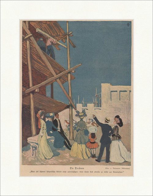 Kunstdruck Die Drohnen Jugendstil Alex v. Salzmann München Hausbau Arbeiter Jugen, (1 St)