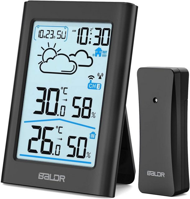 OKWISH Außentemperaturanzeige Temperaturanzeige Thermo-Hygrometer Thermometer Wetterstation Funk, Nur 1 Sensor mit Aufzeichnung und Raumklima-Indikator Wettervorhersage, Digitales Temperatur und Luftfeuchtigkeitmessgerät ohne Batterie, für Raumklimakontrolle Klima Monitor Innen/Außen