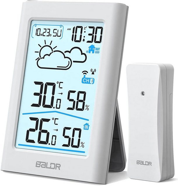 OKWISH Außentemperaturanzeige Temperaturanzeige Thermo-Hygrometer Thermometer Wetterstation Funk, Nur 1 Sensor mit Aufzeichnung und Raumklima-Indikator Wettervorhersage, Digitales Temperatur und Luftfeuchtigkeitmessgerät ohne Batterie, für Raumklimakontrolle Klima Monitor Innen/Außen