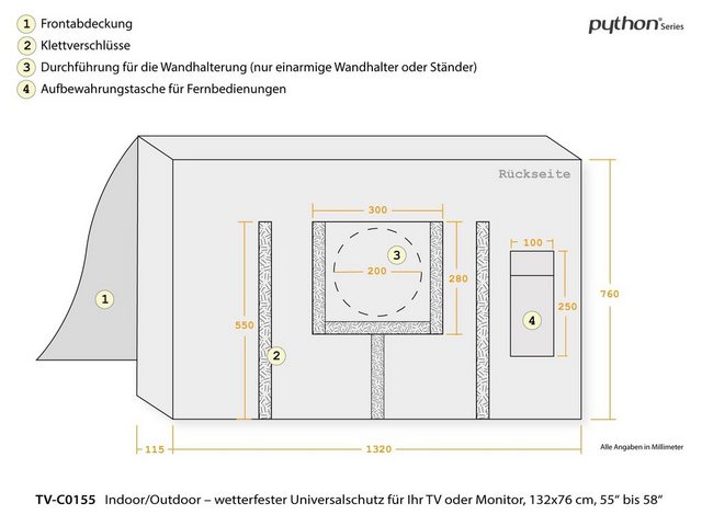 Python Series TV-Cover Indoor/Outdoor - wetterfester Universalschutz für Ihr TV oder Monitor,132x76 cm,55" bis 58" TV-Wandhalterung