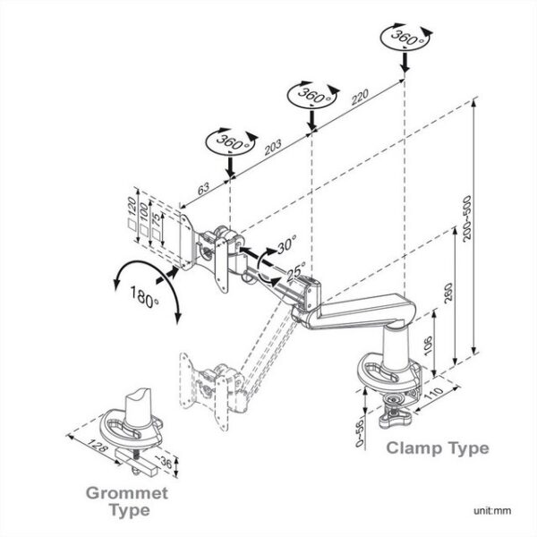 ROLINE LCD-Arm, Tischmontage, Gasfeder, 5 Gelenke Monitor-Halterung