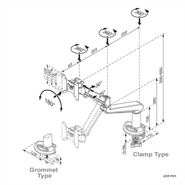 ROLINE LCD-Arm, Tischmontage, Gasfeder, 5 Gelenke Monitor-Halterung