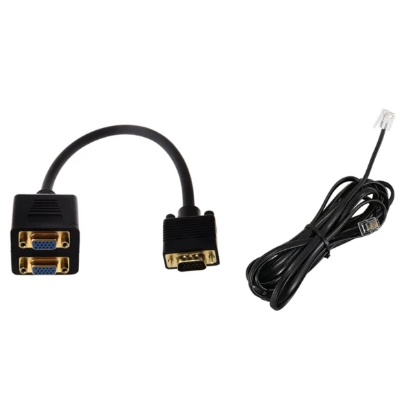 Video Splitter :VGA(HD15) M To VGA(HD15) F X 2 (1 PC To 2 Monitors) & RJ11 6P4C Telephone Cable Cord ADSL Modem 3 Meters