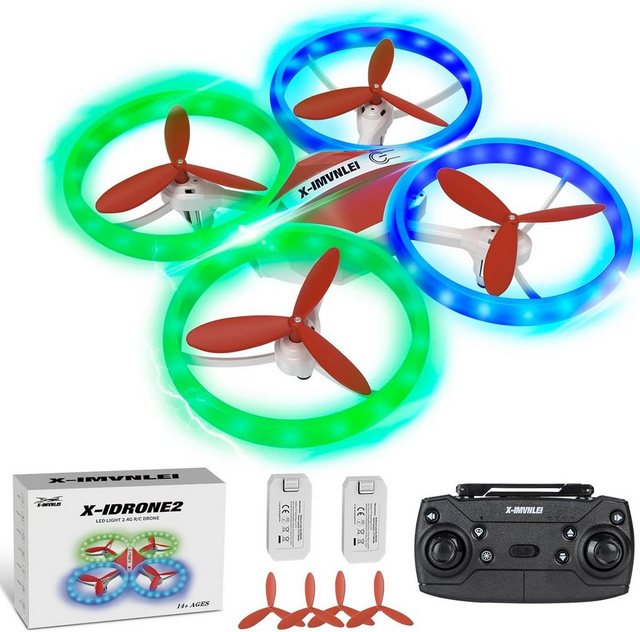 �X-IMVNLEI für Anfänger, Ferngesteuertes Quadrocopter Flugzeug Spielzeug Drohne (mit Bunte LED-Licht, 3D Flips, One Key Start/Landen, Headless Modus)