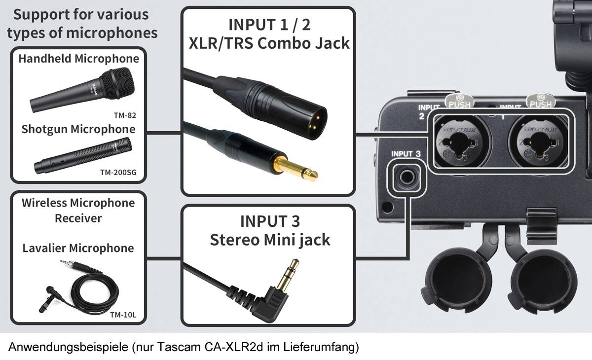 Hauptmerkmale: • Zwei XLR/TRS-Eingangsbuchsen ermöglichen die Verwendung des optimalen Mikrofons je nach Situation und Einsatzort • Ein leistungsstarker A/D-Wandler überträgt