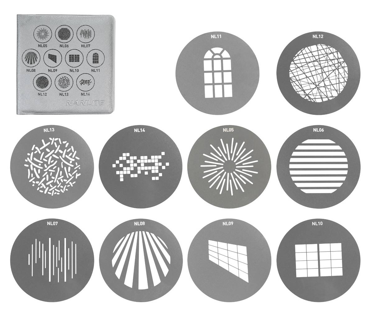 Zur Projektion von einzigartigen Mustern und Texturen auf den Hintergrund oder das Aufnahmemotiv. Bestehend aus 10 verschiedenen Metall-Gobos (Schattenmasken)