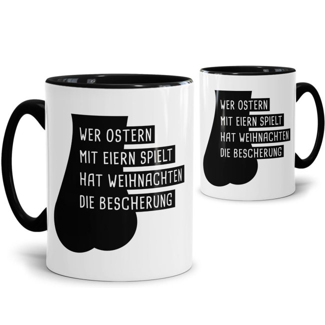 Lustiger Osterhasenbecher mit witzigem Spruch. Die besondere Geschenk-Idee für alle Freunde mit Humor. Tasse aus hochertiger Keramik mit schwarzem...