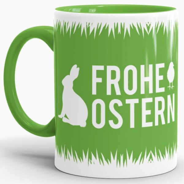 Kaffeebecher mit Spruch Frohe Ostern. Gefüllt mit Süßigkeiten und kleinen Leckereien eine tolle Geschenkidee fürs Osternest für Freunde