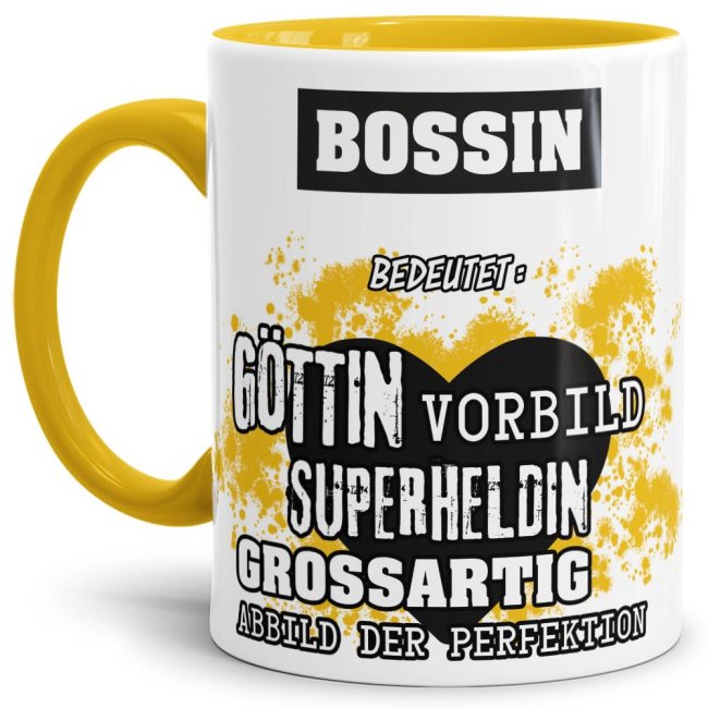 Unsere Berufe-Tasse in Gelb - Bedeutung einer Bossin - passt in jede Lebenslage und zu jeder Situation. Ob im Büro