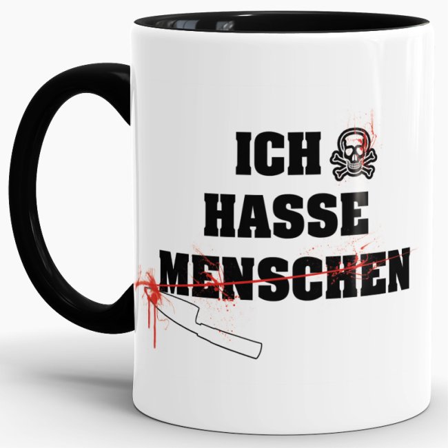 Unsere Tassen mit lustigem Spruch - Ich hasse Menschen - passen in jede Lebenslage und zu jeder Situation. Ob als Bürotasse mit lustigem Spruch