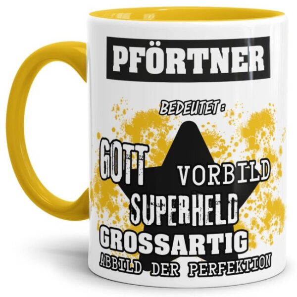 Gelbe Berufe Tasse bedruckt mit Spruch für einen Pförtner - das besondere und individuelle Geschenk für einen Mann der seinen Job gut macht. Ein...