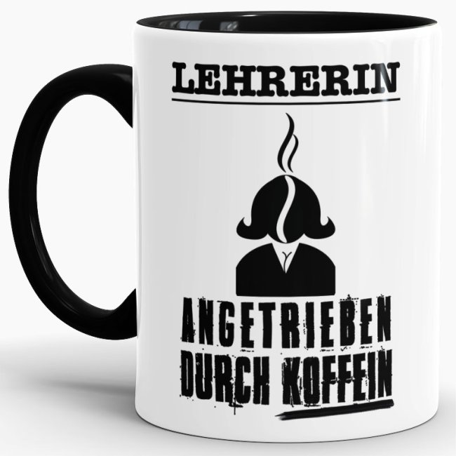 Lustige Berufe-Tasse für Lehrerin mit Spruch - Angetrieben durch Koffein - aus hochwertiger Keramik für alle Kaffeejunkies unter den Lehrerinnen....