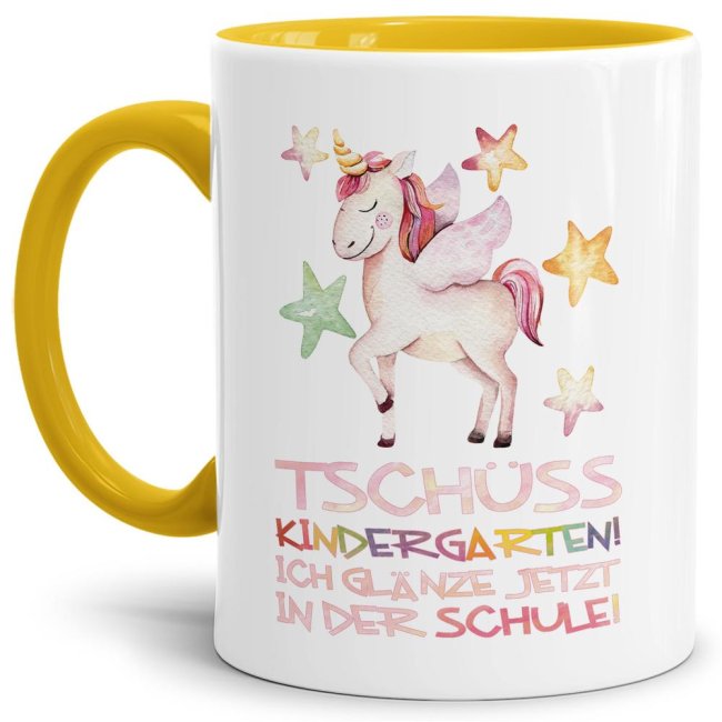 Tasse mit süßem Einhorn und Spruch zum Kitaabschied und zum Schulbeginn. Das persönliche Einschulungsgeschenk besonders für Mädchen weckt die...