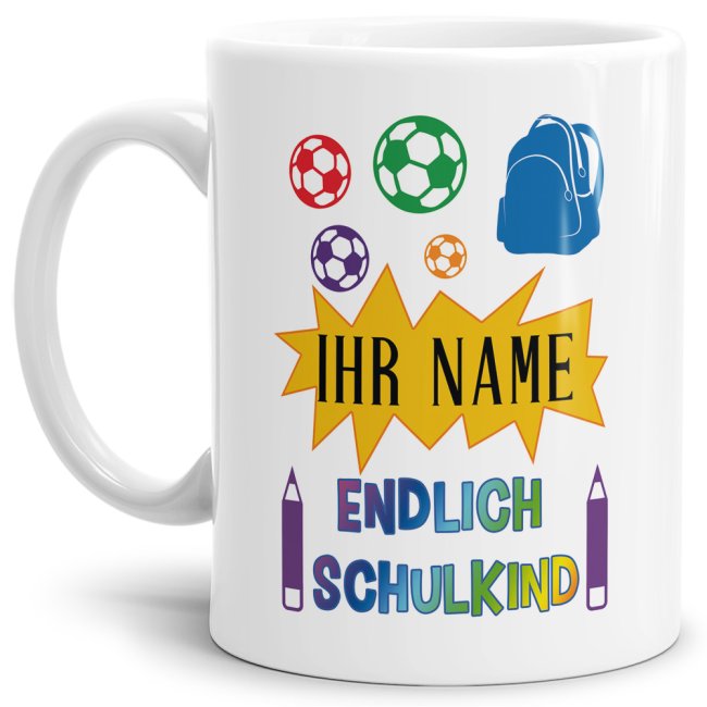 Besondere Tasse mit Wunschname und Spruch - Endlich Schulkind - zum Schulanfang. Personalisiert mit dem Namen des Schulkindes wird diese Tasse für...