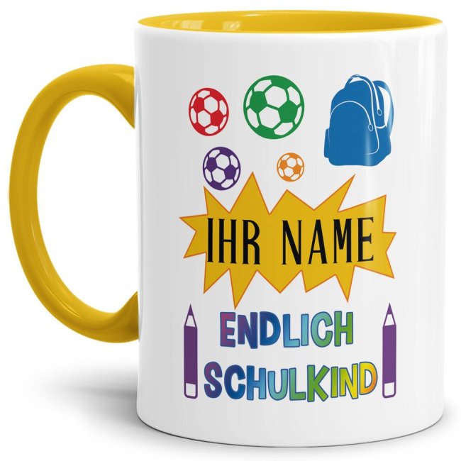 Besondere Tasse mit Wunschname und Spruch - Endlich Schulkind - zum Schulanfang. Personalisiert mit dem Namen des Schulkindes wird diese Tasse für...