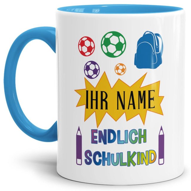 Besondere Tasse mit Wunschname und Spruch - Endlich Schulkind - zum Schulanfang. Personalisiert mit dem Namen des Schulkindes wird diese Tasse für...