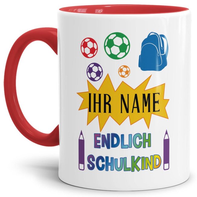 Besondere Tasse mit Wunschname und Spruch - Endlich Schulkind - zum Schulanfang. Personalisiert mit dem Namen des Schulkindes wird diese Tasse für...