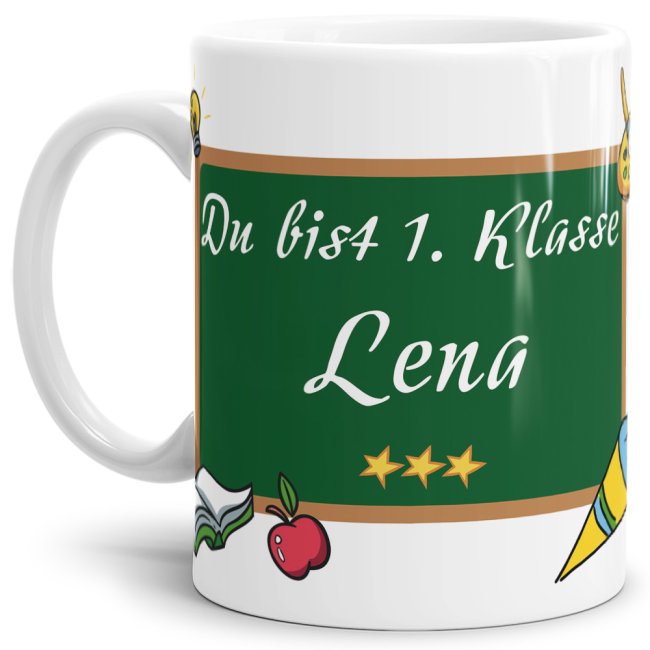 Tasse zur Einschulung personalisierbar mit dem Namen des Schulkindes auf einer Tafel und lustigem Spruch zum Schulanfang - Du bist 1. Klasse - eine...