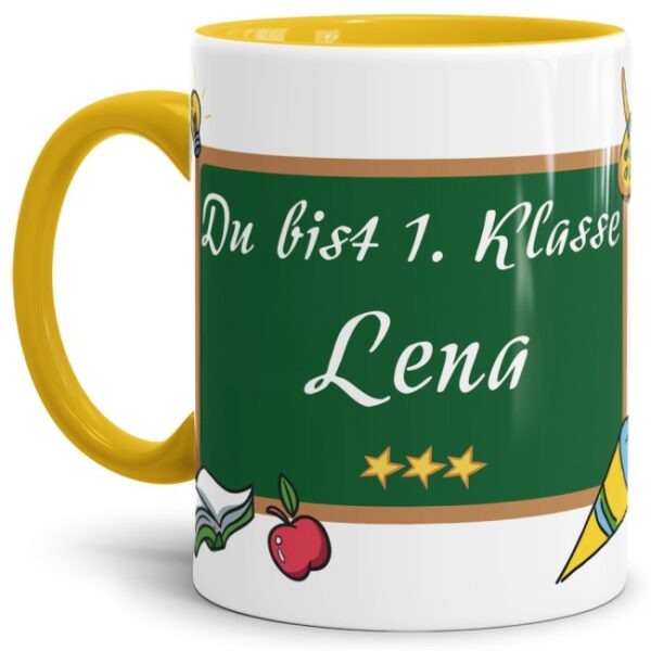 Tasse zur Einschulung personalisierbar mit dem Namen des Schulkindes auf einer Tafel und lustigem Spruch zum Schulanfang - Du bist 1. Klasse - eine...