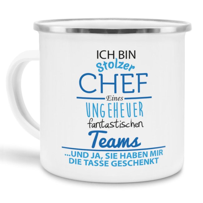 Emaillebecher mit Spruch - Stolzer Chef - für die besten Chefs. Die Chef-Tasse aus Emaille überzeugt durch ihren Vintage-Look