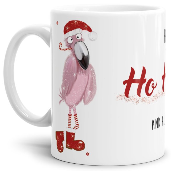 Lustige Weihnachtstasse mit Flamingo im weihnachtlichen Outfit und lustigem Spruch - Happy Ho Ho Ho and all that shit. Eine tolle Geschenkidee für...