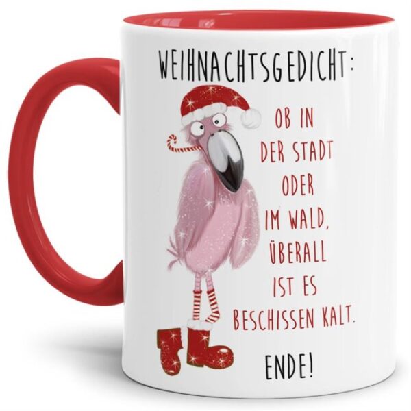 Lustige Weihnachtstasse mit Weihnachtsgedicht und Flamingo im weihnachtlichen Outfit. Eine tolle Geschenkidee für Freunde