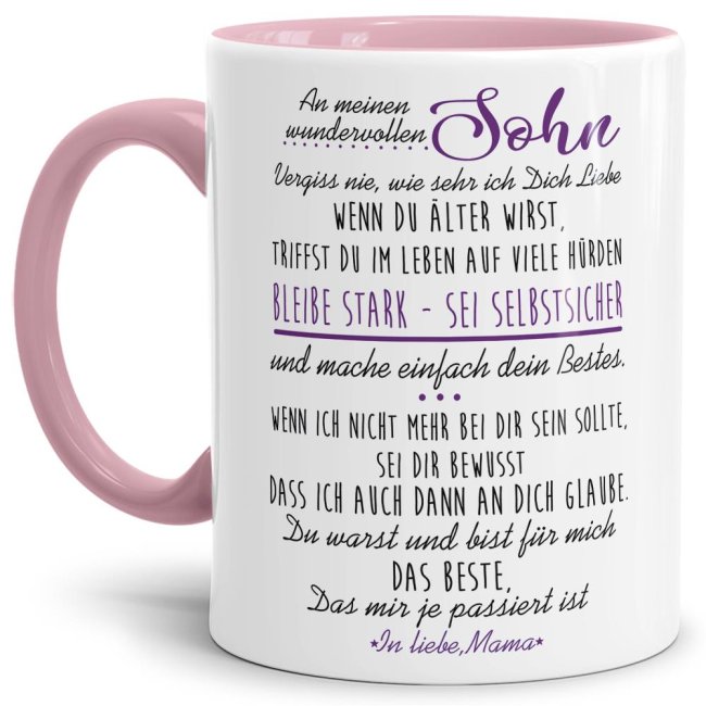 Die Keramiktasse mit süßem Spruch von Mama für den Sohn - Innen & Henkel Rosa - ist ein tolles Geschenk zum Geburtstag