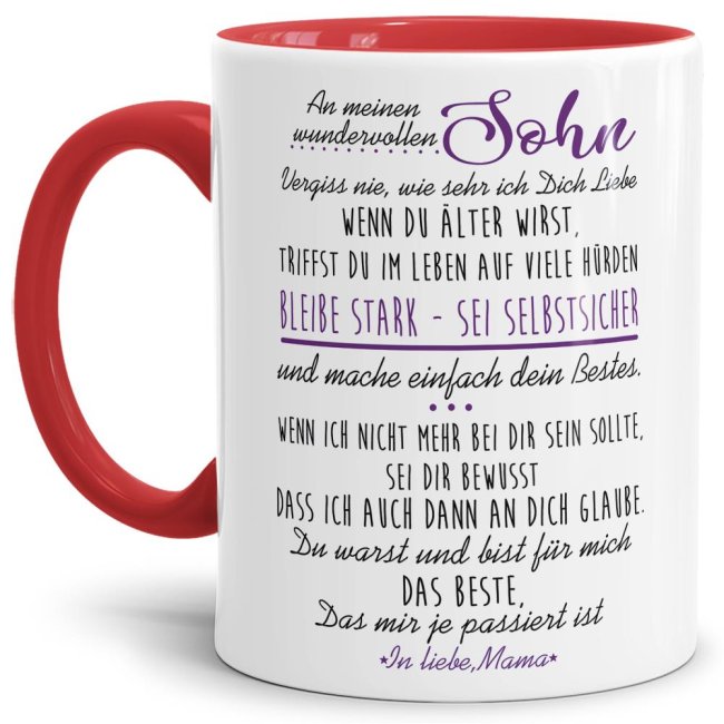 Die Keramiktasse mit süßem Spruch von Mama für den Sohn - Innen & Henkel Rot - ist ein tolles Geschenk zum Geburtstag