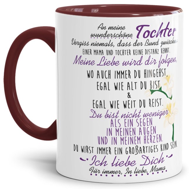 Die Keramiktasse mit süßem Spruch von Mama für die Tochter - Innen & Henkel Weinrot - ist ein tolles Geschenk zum Geburtstag