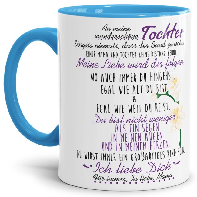 Die Keramiktasse mit süßem Spruch von Mama für die Tochter - Innen & Henkel Hellblau - ist ein tolles Geschenk zum Geburtstag