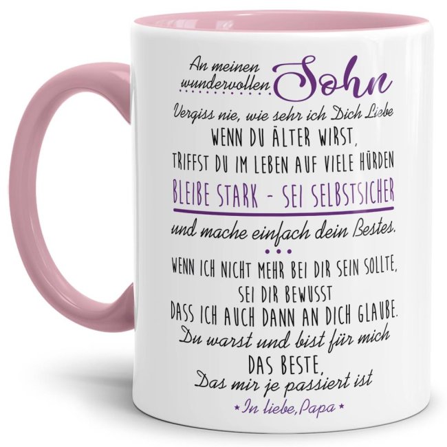 Die Keramiktasse mit süßem Spruch vom Vater - Innen & Henkel für den Sohn Rosa - ist ein tolles Geschenk zum Geburtstag