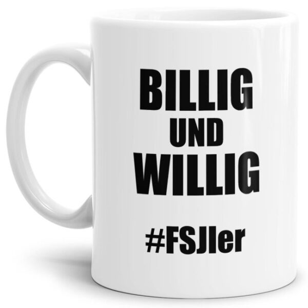 Unsere witzigen Billig & Willig Tassen sind eine lustige Geschenkidee für Azubis