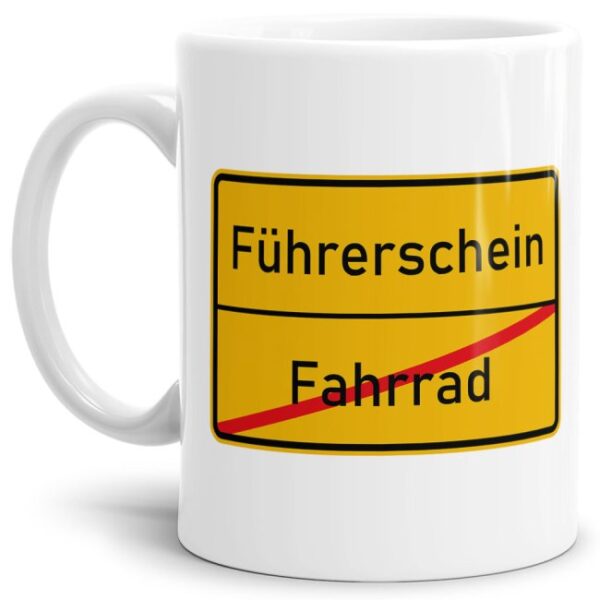 Lustige Ortschild-Tasse Fahrrad -> Führerschein - Bedruckte Kaffeetasse aus hochwertiger Keramik mit coolem Text passend zu vielen Anlässen für die...