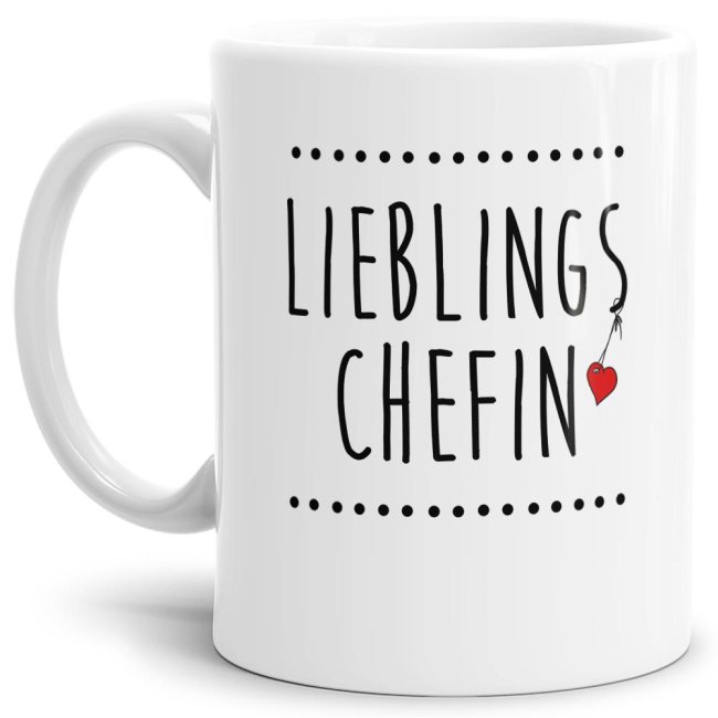 Liebevoll designte Spruchtasse als Geschenkidee für die Lieblingschefin aus hochwertiger Keramik in Weiß.