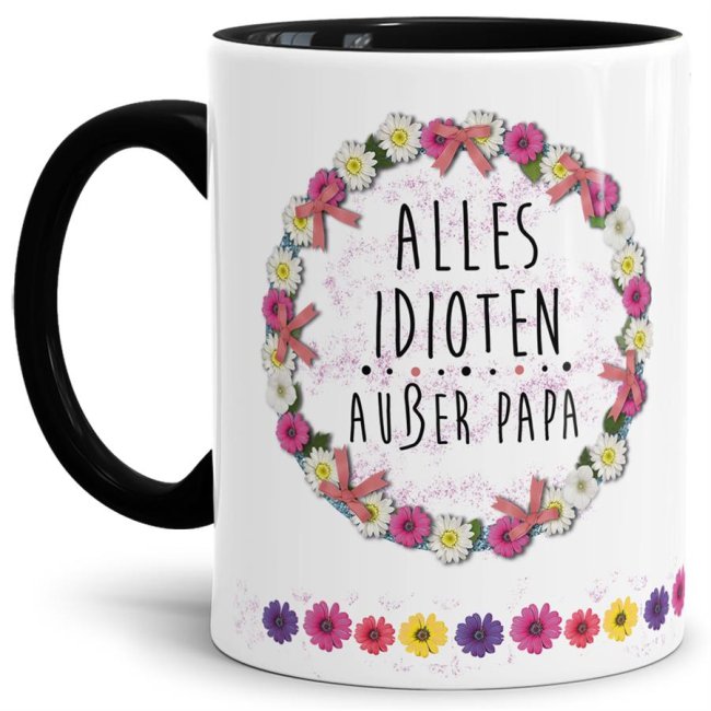 Mit diesem hochwertigen Kaffeebecher und lustigem Spruch sind Lacher garantiert - Alles Idioten außer Papa - Eine tolle und witzige Geschenkidee...