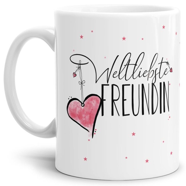 Diese Tasse aus hochwertiger Keramik - Weltliebste Freundin - Weiß - ist ein tolles Geschenk zum Geburtstag und eine schöne Geschenkidee zum Danke...